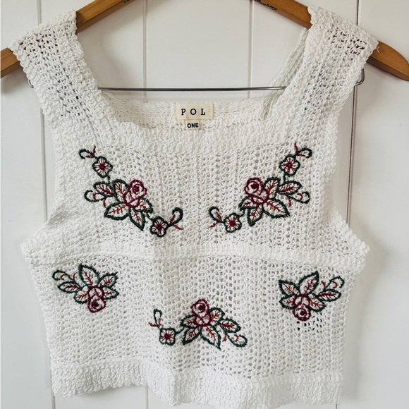 POL White Crochet Embroidered Floral Crop Top Boho Festival Semi Sheer OS - Picture 2 of 8